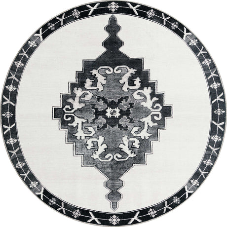 Washable Black and White 7' 6 x 7' 6 Timeless Round Area Rug Easy to Clean Stain Resistant & Durable Traditional Classic Vintage Design Carpet for Sale at Rug Engine