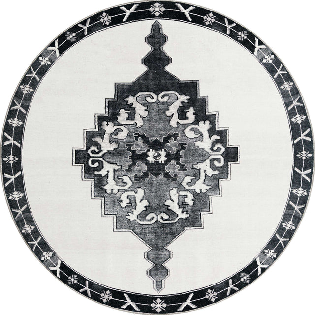 Washable Black and White 7' 6 x 7' 6 Timeless Round Area Rug Easy to Clean Stain Resistant & Durable Traditional Classic Vintage Design Carpet for Sale at Rug Engine