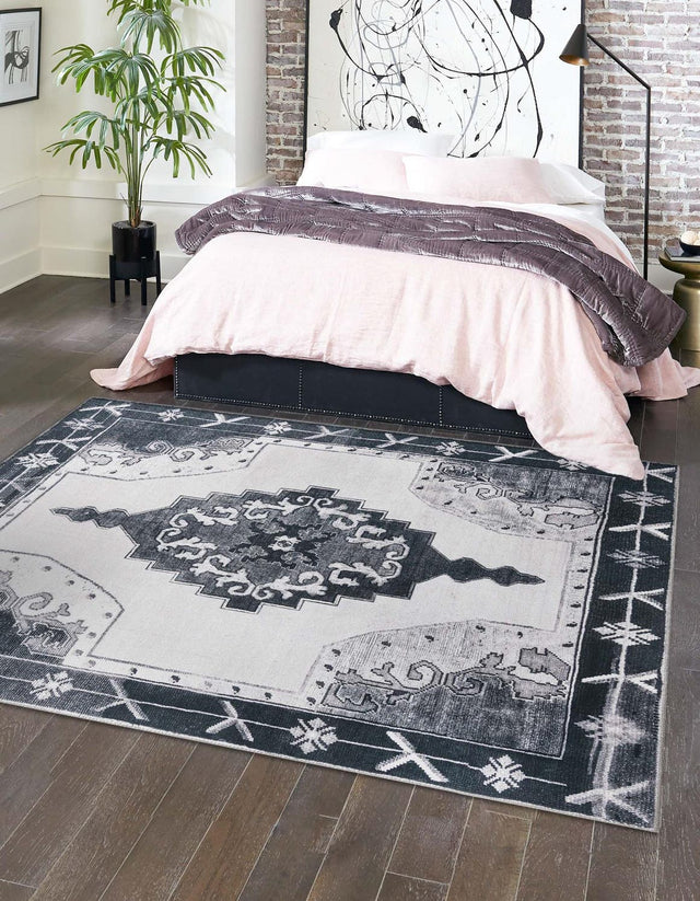 Washable Black and White 7' 6 x 7' 6 Timeless Square Area Rug Easy to Clean Stain Resistant & Durable Traditional Classic Vintage Design Carpet for Sale at Rug Engine