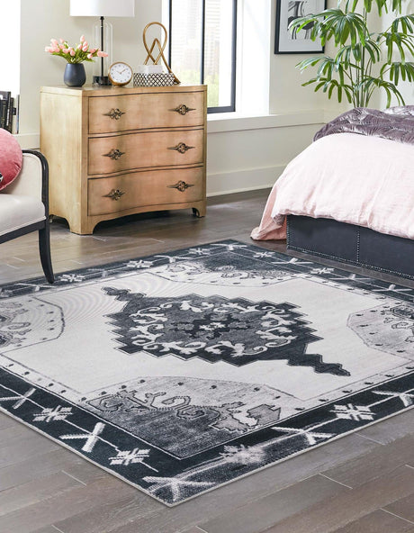 Washable Black and White 7' 6 x 7' 6 Timeless Square Area Rug Easy to Clean Stain Resistant & Durable Traditional Classic Vintage Design Carpet for Sale at Rug Engine