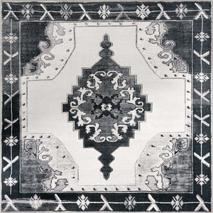 Washable Black and White 7' 6 x 7' 6 Timeless Square Area Rug Easy to Clean Stain Resistant & Durable Traditional Classic Vintage Design Carpet for Sale at Rug Engine