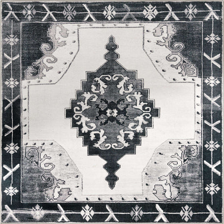 Washable Black and White 7' 6 x 7' 6 Timeless Square Area Rug Easy to Clean Stain Resistant & Durable Traditional Classic Vintage Design Carpet for Sale at Rug Engine