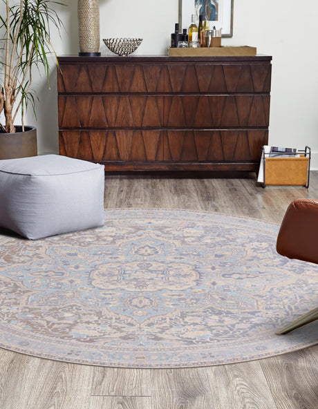 Washable Cream 7' 6 x 7' 6 Timeless Round Area Rug Easy to Clean Stain Resistant & Durable Traditional Classic Vintage Design Carpet for Sale at Rug Engine