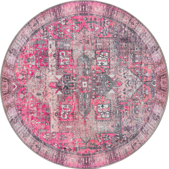 Washable Pink 3' 6 x 3' 6 Timeless Round Area Rug Easy to Clean Stain Resistant & Durable Traditional Classic Vintage Design Carpet for Sale at Rug Engine
