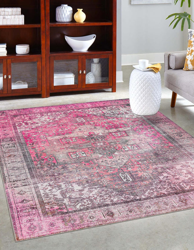Washable Pink 5' x 8' Timeless Rectangle Area Rug Easy to Clean Stain Resistant & Durable Traditional Classic Vintage Design Carpet for Sale at Rug Engine