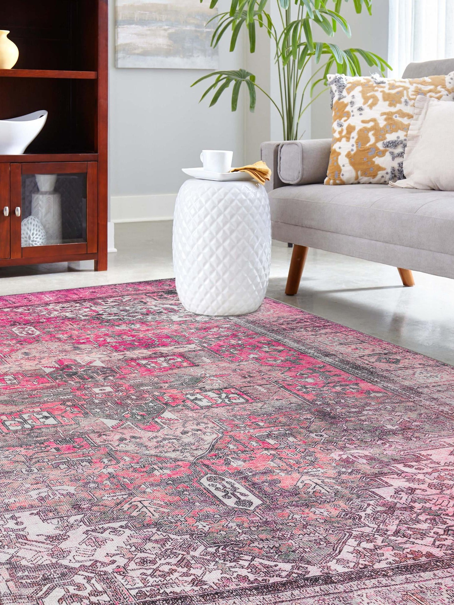 Washable Pink 7' 6 x 10' 6 Timeless Rectangle Area Rug Easy to Clean Stain Resistant & Durable Traditional Classic Vintage Design Carpet for Sale at Rug Engine