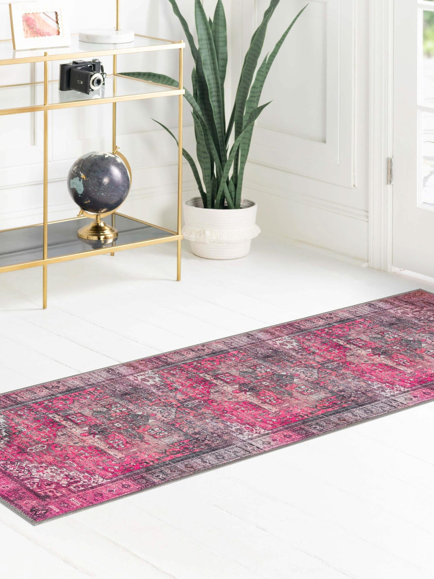 Washable Pink 2' x 6' Timeless Runner Area Rug Easy to Clean Stain Resistant & Durable Traditional Classic Vintage Design Carpet for Sale at Rug Engine