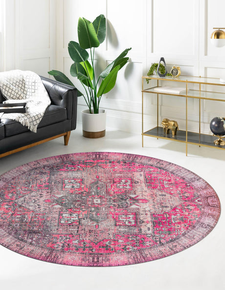 Washable Pink 3' 6 x 3' 6 Timeless Round Area Rug Easy to Clean Stain Resistant & Durable Traditional Classic Vintage Design Carpet for Sale at Rug Engine