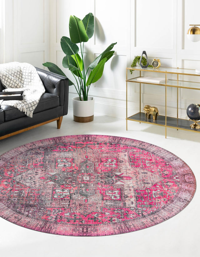 Washable Pink 3' 6 x 3' 6 Timeless Round Area Rug Easy to Clean Stain Resistant & Durable Traditional Classic Vintage Design Carpet for Sale at Rug Engine