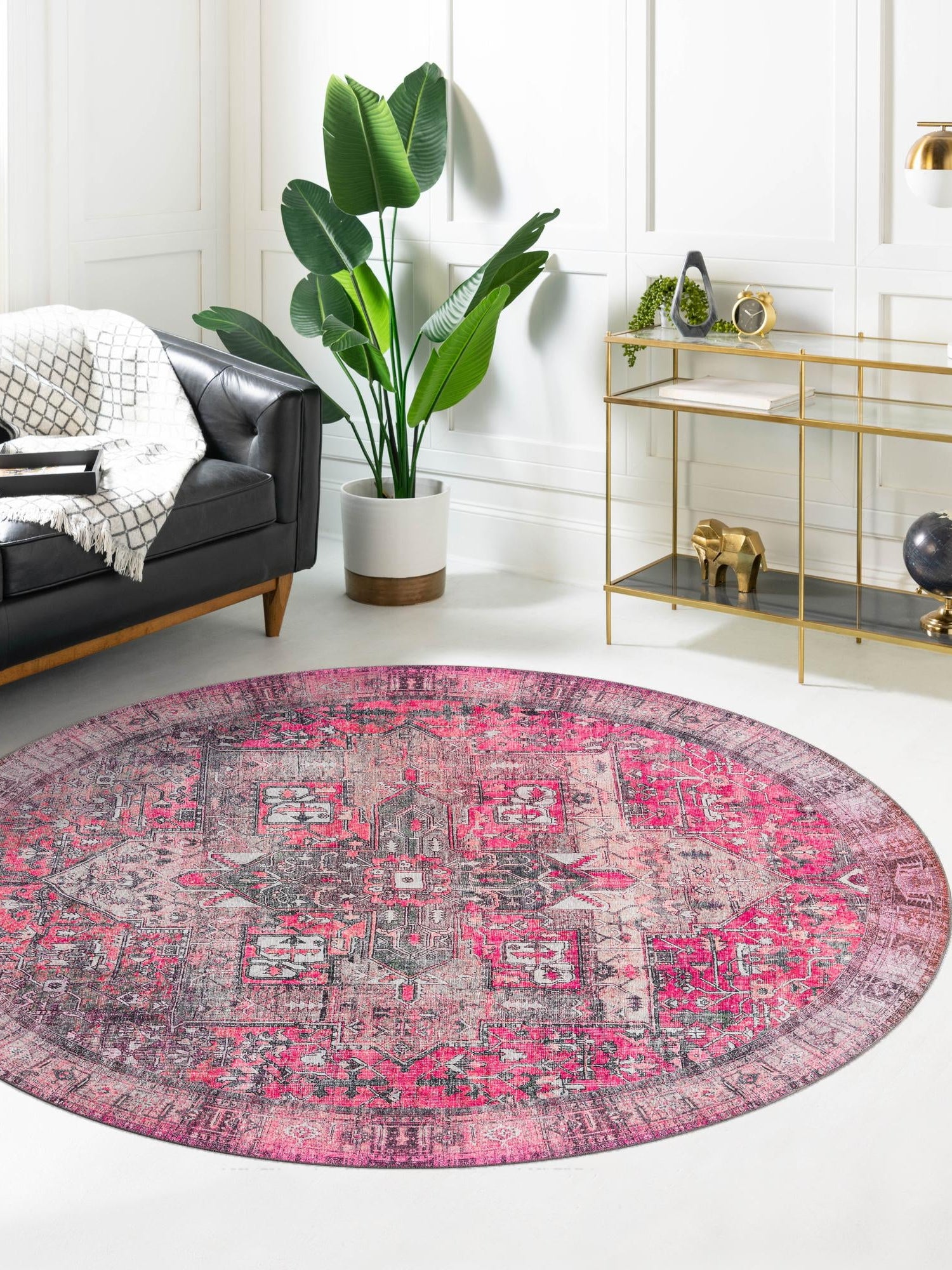 Washable Pink 7' 6 x 7' 6 Timeless Round Area Rug Easy to Clean Stain Resistant & Durable Traditional Classic Vintage Design Carpet for Sale at Rug Engine
