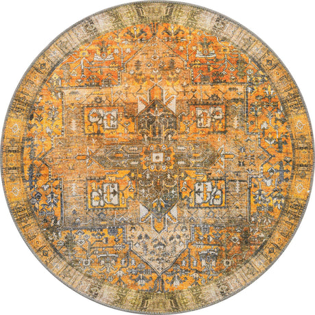 Washable Yellow 3' 6 x 3' 6 Timeless Round Area Rug Easy to Clean Stain Resistant & Durable Traditional Classic Vintage Design Carpet for Sale at Rug Engine