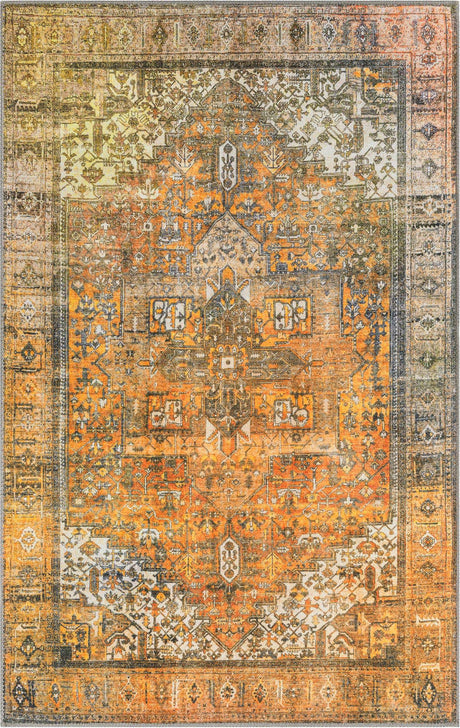 Washable Yellow 3' 6 x 5' 6 Timeless Rectangle Area Rug Easy to Clean Stain Resistant & Durable Traditional Classic Vintage Design Carpet for Sale at Rug Engine