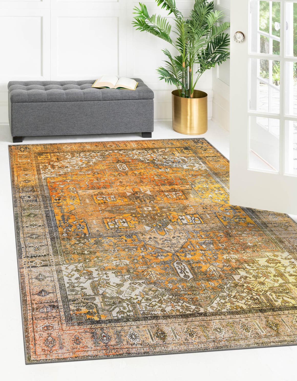 Washable Yellow 5' x 8' Timeless Rectangle Area Rug Easy to Clean Stain Resistant & Durable Traditional Classic Vintage Design Carpet for Sale at Rug Engine