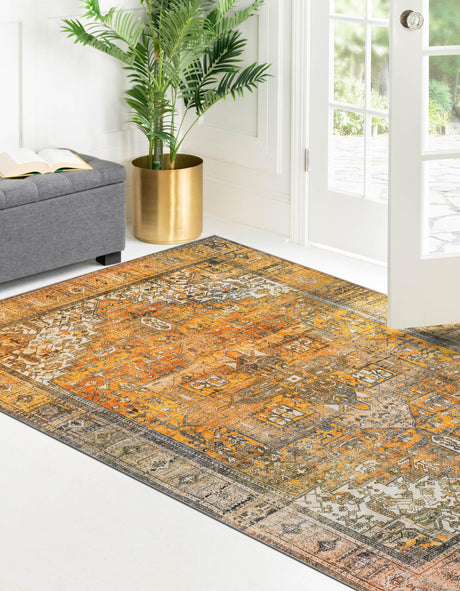 Washable Yellow 2' x 3' Timeless Rectangle Area Rug Easy to Clean Stain Resistant & Durable Traditional Classic Vintage Design Carpet for Sale at Rug Engine
