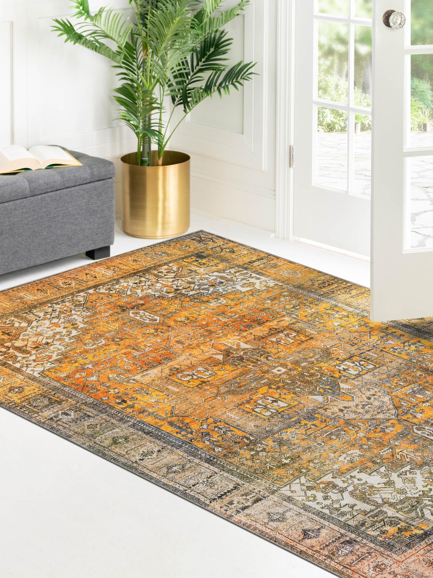 Washable Yellow 8' 4 x 12' Timeless Rectangle Area Rug Easy to Clean Stain Resistant & Durable Traditional Classic Vintage Design Carpet for Sale at Rug Engine