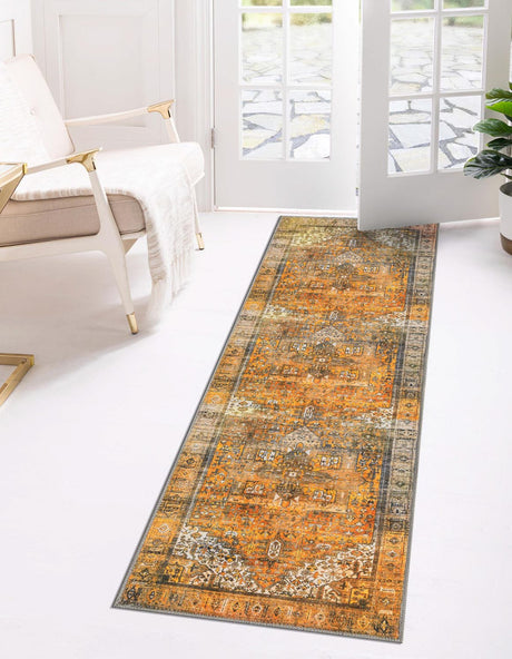 Washable Yellow 2' 6 x 12' Timeless Runner Area Rug Easy to Clean Stain Resistant & Durable Traditional Classic Vintage Design Carpet for Sale at Rug Engine