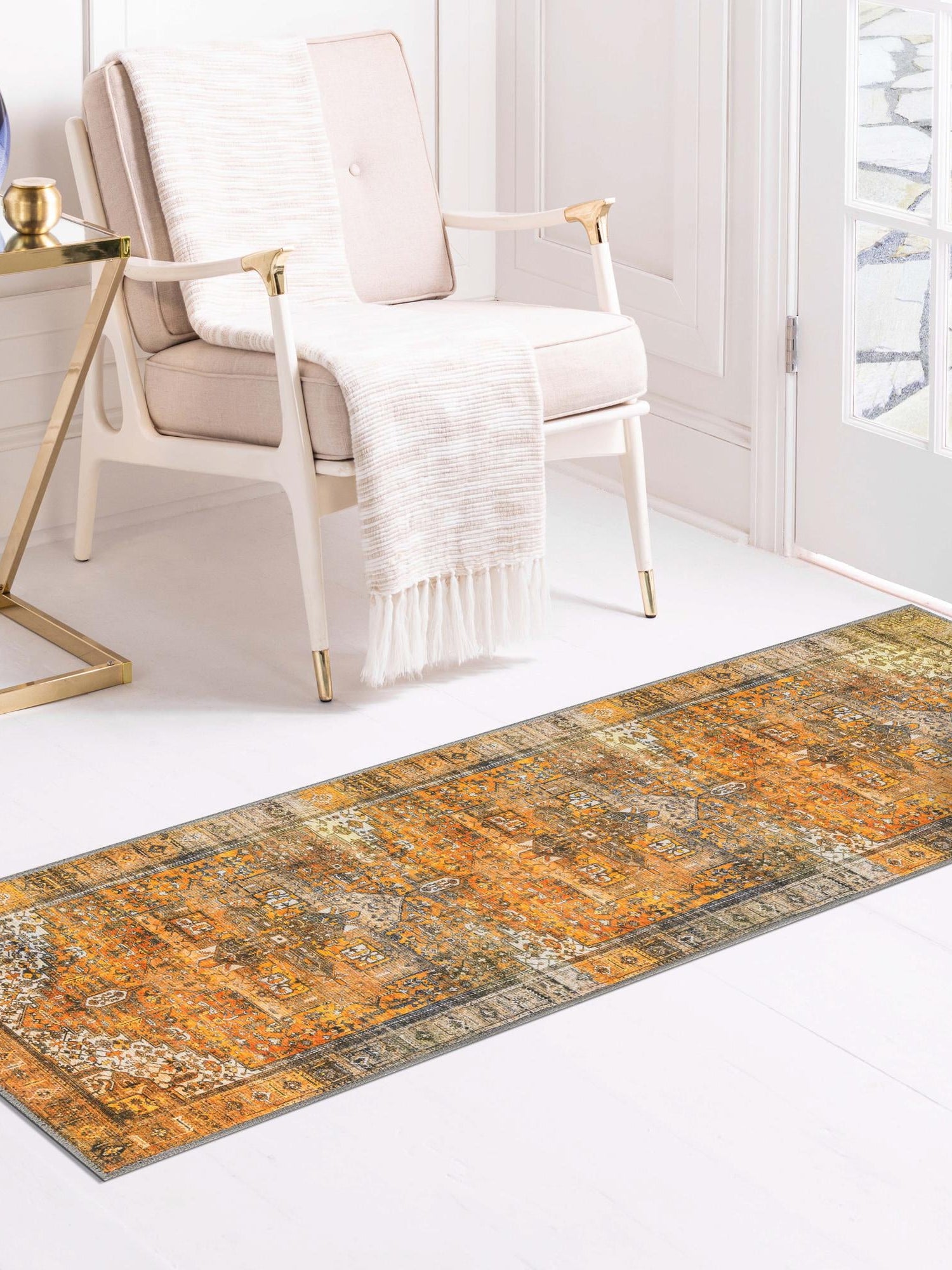 Washable Yellow 2' 6 x 12' Timeless Runner Area Rug Easy to Clean Stain Resistant & Durable Traditional Classic Vintage Design Carpet for Sale at Rug Engine