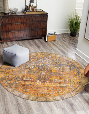 Washable Yellow 7' 6 x 7' 6 Timeless Round Area Rug Easy to Clean Stain Resistant & Durable Traditional Classic Vintage Design Carpet for Sale at Rug Engine