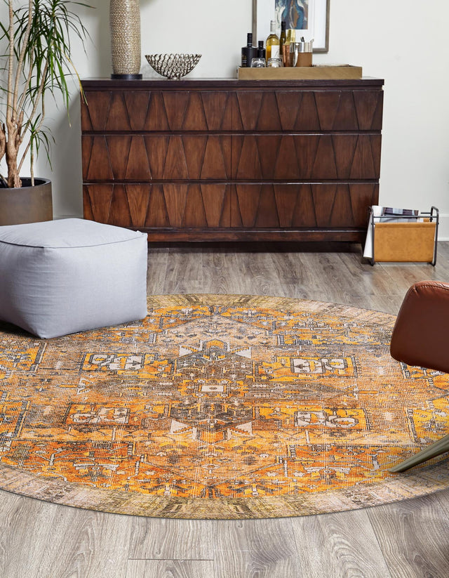 Washable Yellow 3' 6 x 3' 6 Timeless Round Area Rug Easy to Clean Stain Resistant & Durable Traditional Classic Vintage Design Carpet for Sale at Rug Engine