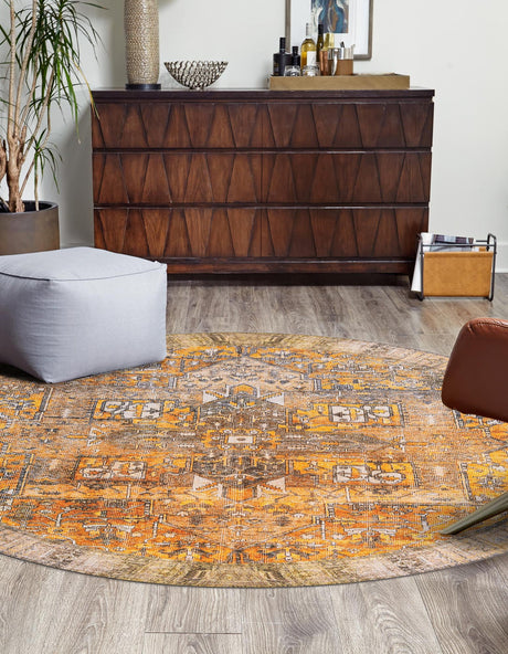 Washable Yellow 7' 6 x 7' 6 Timeless Round Area Rug Easy to Clean Stain Resistant & Durable Traditional Classic Vintage Design Carpet for Sale at Rug Engine