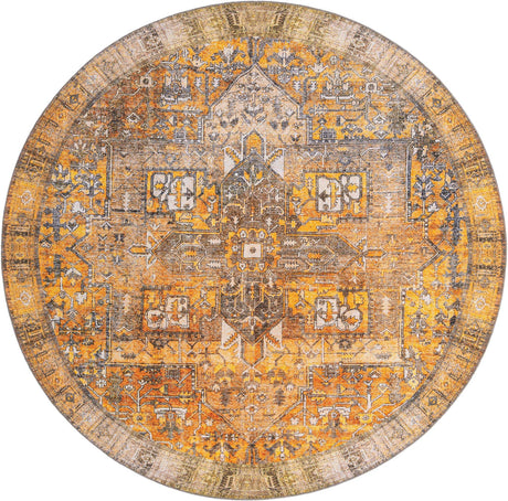 Washable Yellow 7' 6 x 7' 6 Timeless Round Area Rug Easy to Clean Stain Resistant & Durable Traditional Classic Vintage Design Carpet for Sale at Rug Engine