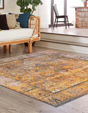 Washable Yellow 7' 6 x 7' 6 Timeless Square Area Rug Easy to Clean Stain Resistant & Durable Traditional Classic Vintage Design Carpet for Sale at Rug Engine