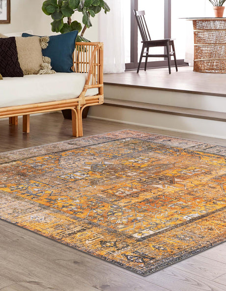 Washable Yellow 7' 6 x 7' 6 Timeless Square Area Rug Easy to Clean Stain Resistant & Durable Traditional Classic Vintage Design Carpet for Sale at Rug Engine