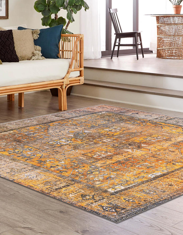 Washable Yellow 7' 6 x 7' 6 Timeless Square Area Rug Easy to Clean Stain Resistant & Durable Traditional Classic Vintage Design Carpet for Sale at Rug Engine