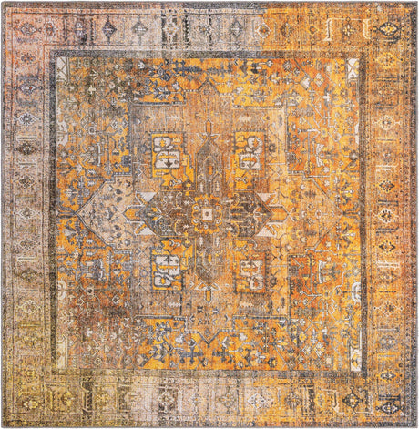 Washable Yellow 7' 6 x 7' 6 Timeless Square Area Rug Easy to Clean Stain Resistant & Durable Traditional Classic Vintage Design Carpet for Sale at Rug Engine