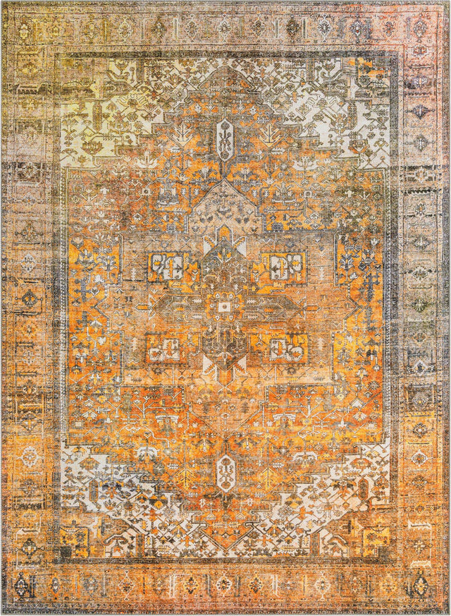 Washable Yellow 7' 6 x 10' 6 Timeless Rectangle Area Rug Easy to Clean Stain Resistant & Durable Traditional Classic Vintage Design Carpet for Sale at Rug Engine
