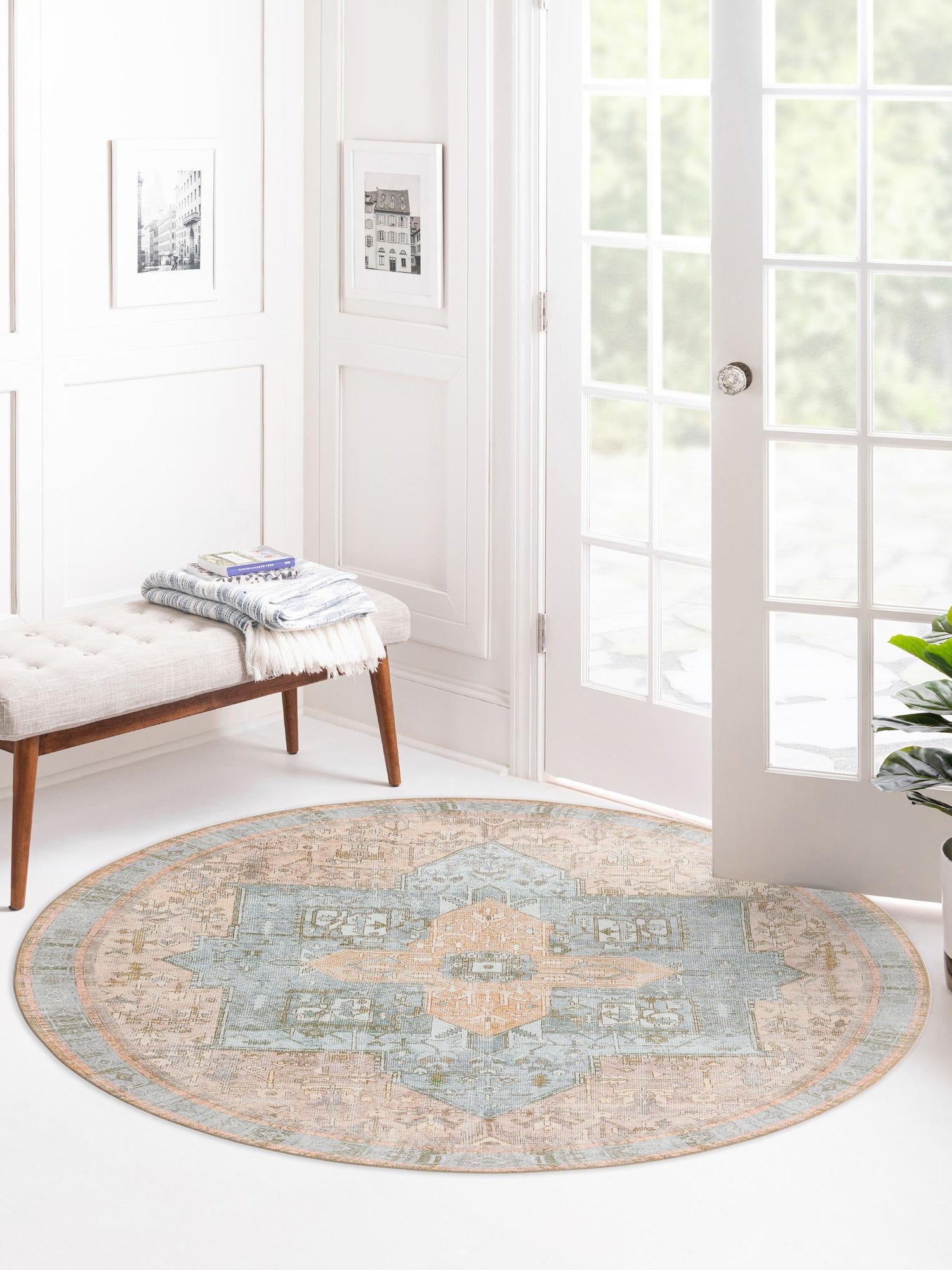 Washable Light Brown 7' 6 x 7' 6 Timeless Round Area Rug Easy to Clean Stain Resistant & Durable Traditional Classic Vintage Design Carpet for Sale at Rug Engine