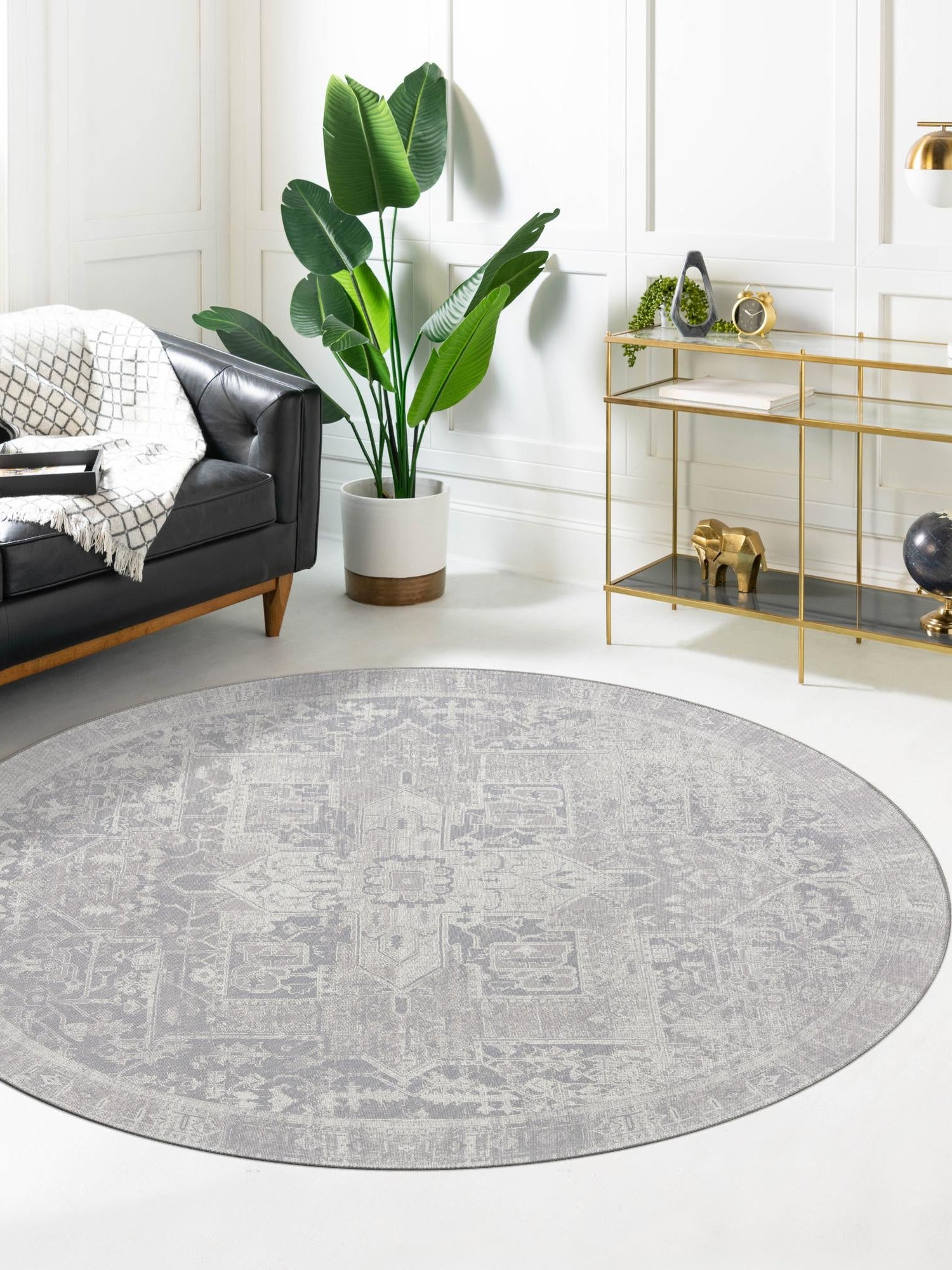 Washable Gray 3' 6 x 3' 6 Timeless Round Area Rug Easy to Clean Stain Resistant & Durable Traditional Classic Vintage Design Carpet for Sale at Rug Engine