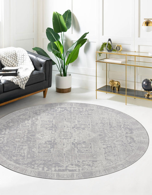 Washable Gray 3' 6 x 3' 6 Timeless Round Area Rug Easy to Clean Stain Resistant & Durable Traditional Classic Vintage Design Carpet for Sale at Rug Engine