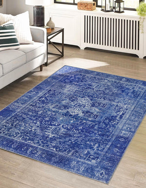 Washable Navy Blue 7' 6 x 10' 6 Timeless Rectangle Area Rug Easy to Clean Stain Resistant & Durable Traditional Classic Vintage Design Carpet for Sale at Rug Engine
