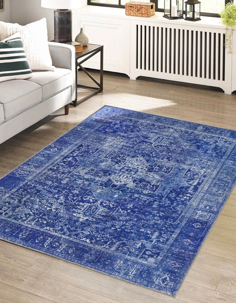 Washable Navy Blue 5' x 8' Timeless Rectangle Area Rug Easy to Clean Stain Resistant & Durable Traditional Classic Vintage Design Carpet for Sale at Rug Engine