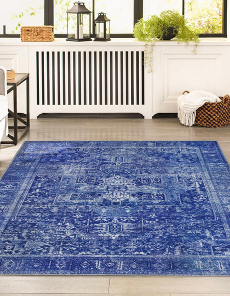 Washable Navy Blue 2' x 3' Timeless Rectangle Area Rug Easy to Clean Stain Resistant & Durable Traditional Classic Vintage Design Carpet for Sale at Rug Engine