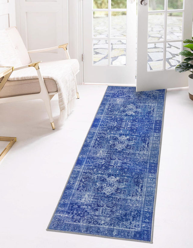 Washable Navy Blue 2' x 6' Timeless Runner Area Rug Easy to Clean Stain Resistant & Durable Traditional Classic Vintage Design Carpet for Sale at Rug Engine