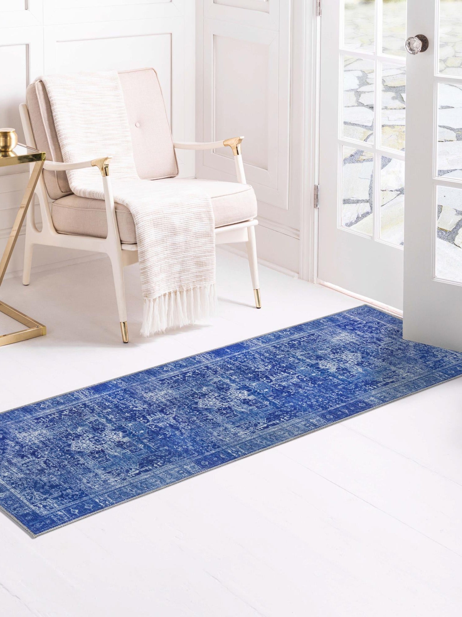 Washable Navy Blue 2' 6 x 12' Timeless Runner Area Rug Easy to Clean Stain Resistant & Durable Traditional Classic Vintage Design Carpet for Sale at Rug Engine