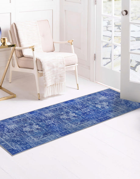 Washable Navy Blue 2' 6 x 12' Timeless Runner Area Rug Easy to Clean Stain Resistant & Durable Traditional Classic Vintage Design Carpet for Sale at Rug Engine