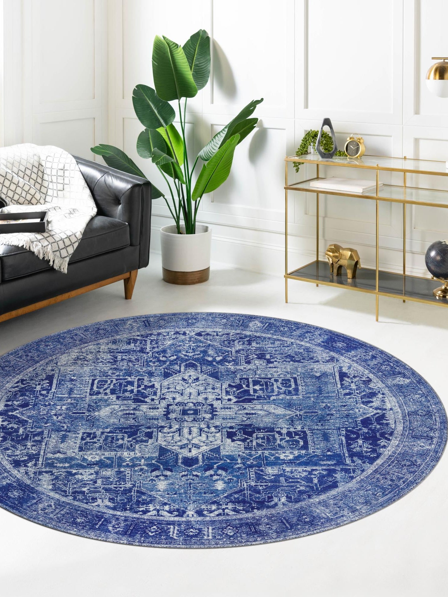Washable Navy Blue 7' 6 x 7' 6 Timeless Round Area Rug Easy to Clean Stain Resistant & Durable