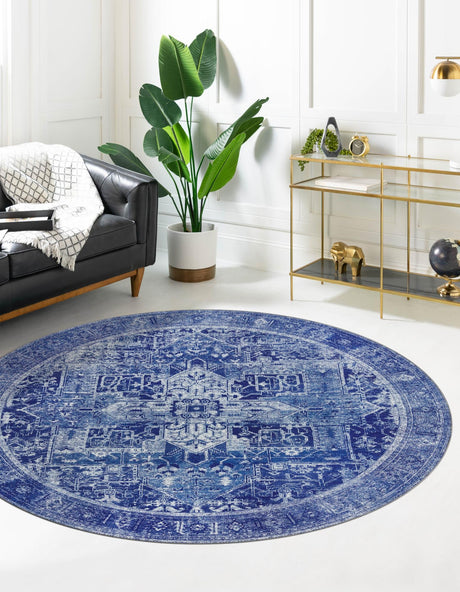 Washable Navy Blue 7' 6 x 7' 6 Timeless Round Area Rug Easy to Clean Stain Resistant & Durable