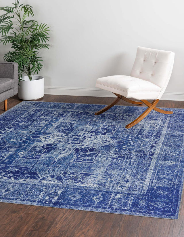 Washable Navy Blue 7' 6 x 7' 6 Timeless Square Area Rug Easy to Clean Stain Resistant & Durable Traditional Classic Vintage Design Carpet for Sale at Rug Engine