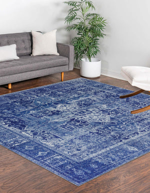 Washable Navy Blue 7' 6 x 7' 6 Timeless Square Area Rug Easy to Clean Stain Resistant & Durable Traditional Classic Vintage Design Carpet for Sale at Rug Engine