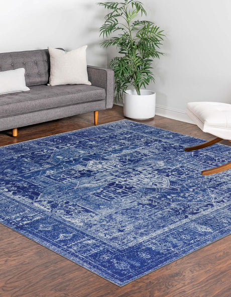 Washable Navy Blue 7' 6 x 7' 6 Timeless Square Area Rug Easy to Clean Stain Resistant & Durable Traditional Classic Vintage Design Carpet for Sale at Rug Engine