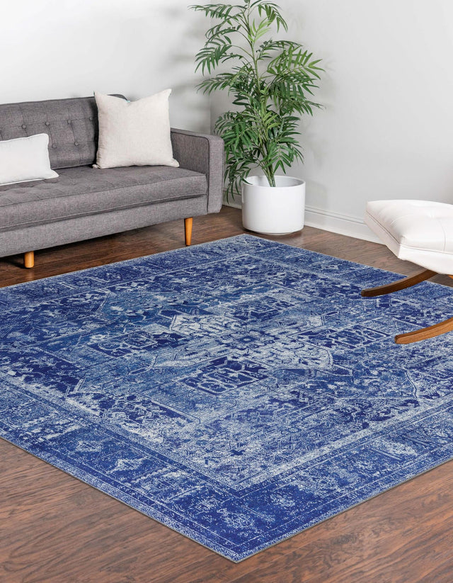 Washable Navy Blue 7' 6 x 7' 6 Timeless Square Area Rug Easy to Clean Stain Resistant & Durable Traditional Classic Vintage Design Carpet for Sale at Rug Engine