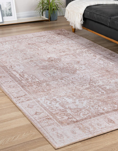Washable Beige 7' 6 x 10' 6 Timeless Rectangle Area Rug Easy to Clean Stain Resistant & Durable Traditional Classic Vintage Design Carpet for Sale at Rug Engine