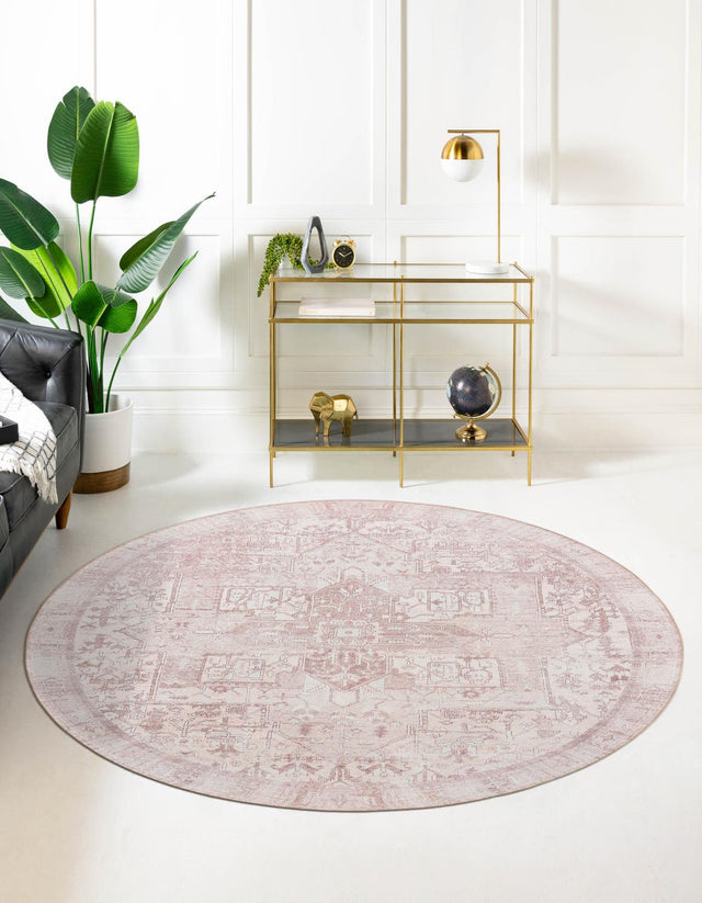 Washable Beige 7' 6 x 7' 6 Timeless Round Area Rug Easy to Clean Stain Resistant & Durable Traditional Classic Vintage Design Carpet for Sale at Rug Engine