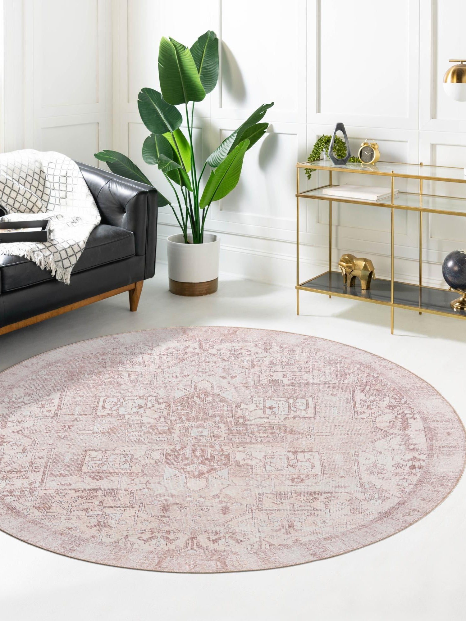 Washable Beige 3' 6 x 3' 6 Timeless Round Area Rug Easy to Clean Stain Resistant & Durable Traditional Classic Vintage Design Carpet for Sale at Rug Engine