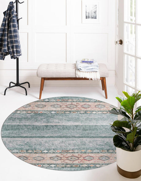 Washable Green 3' 6 x 3' 6 Timeless Round Area Rug Easy to Clean Stain Resistant & Durable Traditional Classic Vintage Design Carpet for Sale at Rug Engine