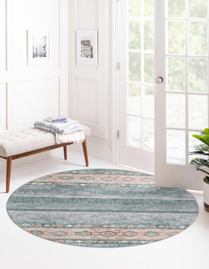 Washable Green 7' 6 x 7' 6 Timeless Round Area Rug Easy to Clean Stain Resistant & Durable Traditional Classic Vintage Design Carpet for Sale at Rug Engine